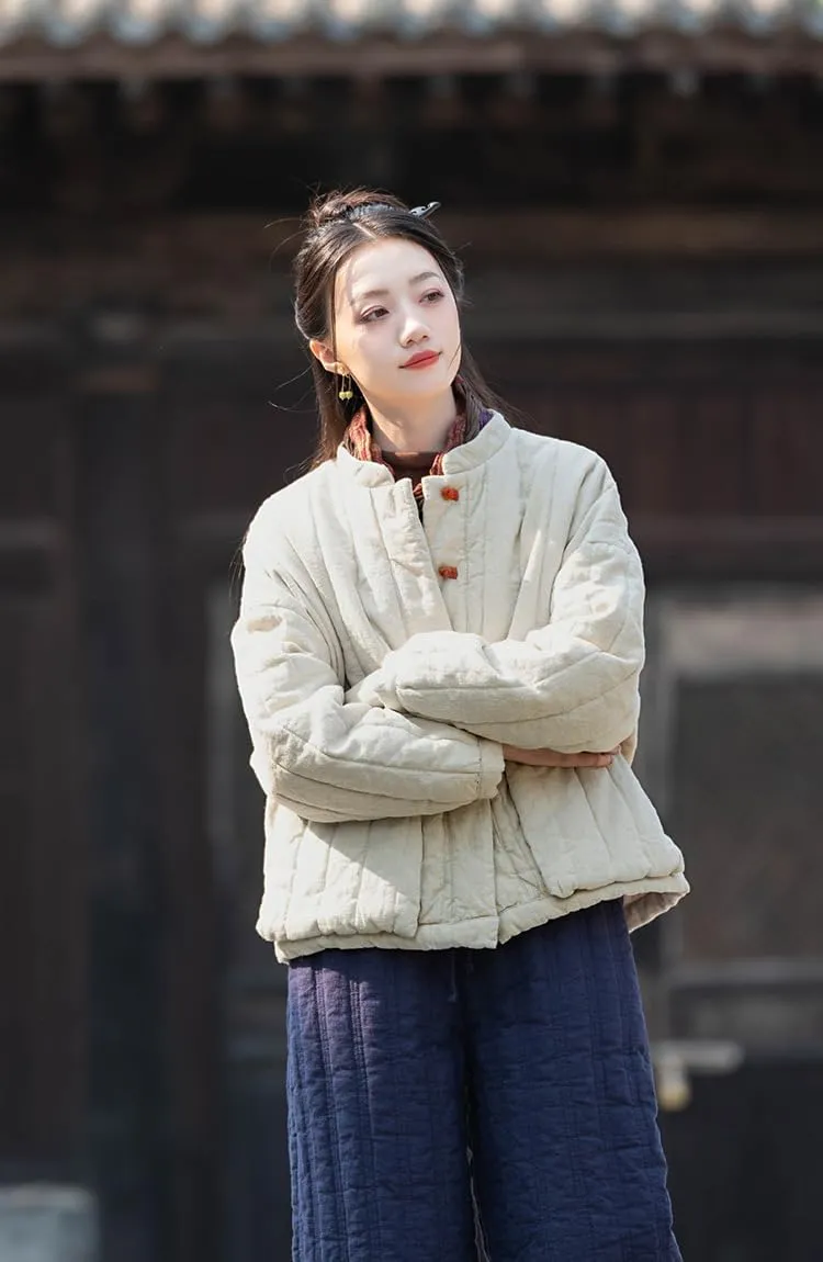 Women's Quilted Lightweight Short Jacket Chinese Style Tang Suit Cotton Linen Padded Outerwear Coats with Pockets
