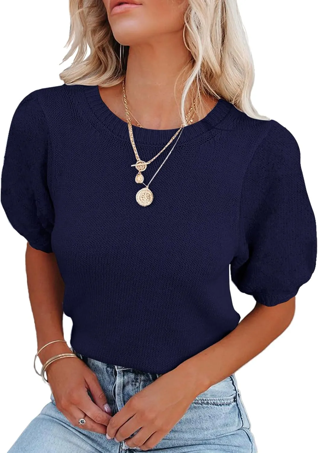 Womens Short Sleeve Sweaters Crewneck Knit Pullover Tops 2025 Summer Casual Lightweight Crochet Blouse Shirt