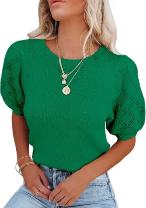Womens Short Sleeve Sweaters Crewneck Knit Pullover Tops 2025 Summer Casual Lightweight Crochet Blouse Shirt