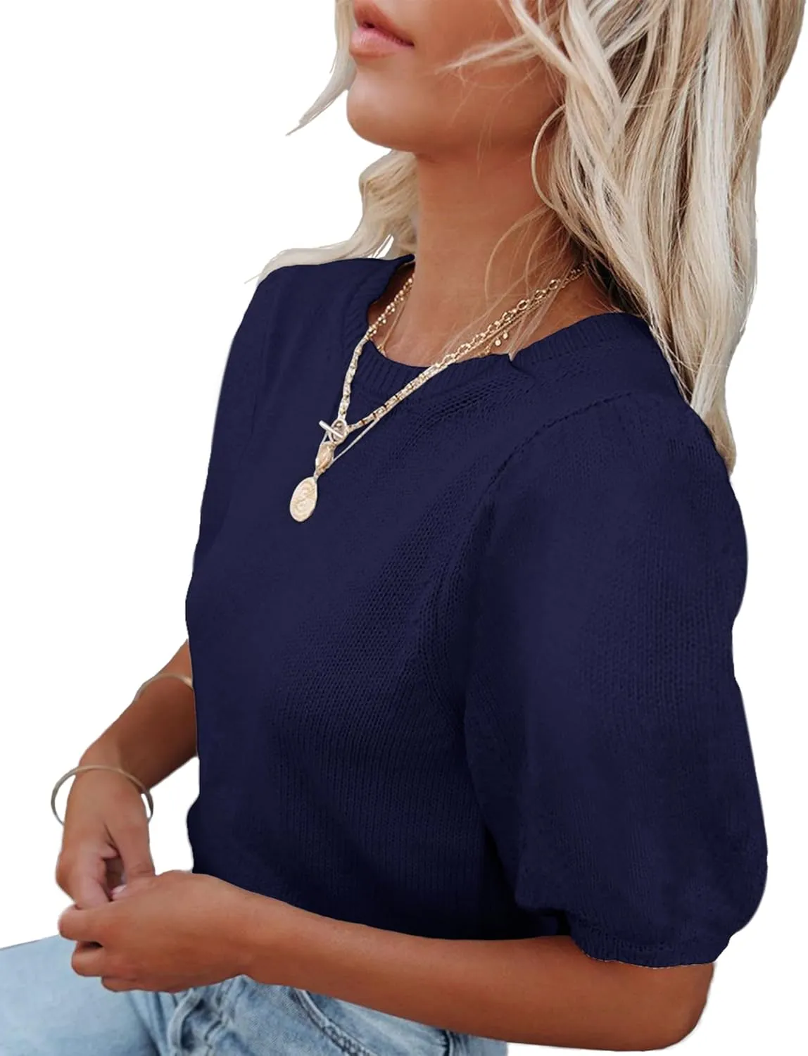 Womens Short Sleeve Sweaters Crewneck Knit Pullover Tops 2025 Summer Casual Lightweight Crochet Blouse Shirt
