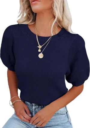 Womens Short Sleeve Sweaters Crewneck Knit Pullover Tops 2025 Summer Casual Lightweight Crochet Blouse Shirt