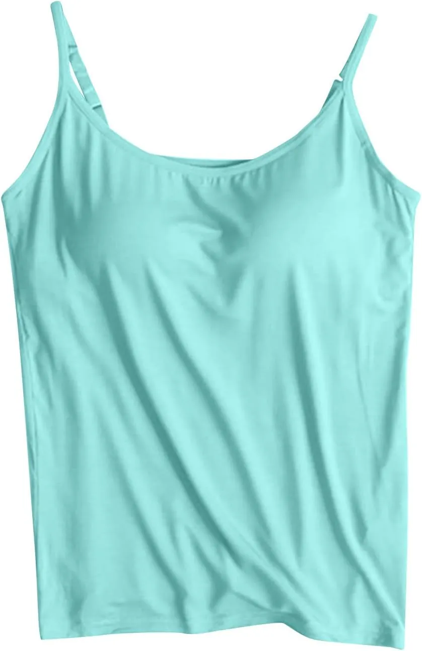 Women's Spaghetti Strap Tank Top with Built in Bra 2024 Summer Basic Solid Tank Tops Plus Size Comfort Yoga Camisole