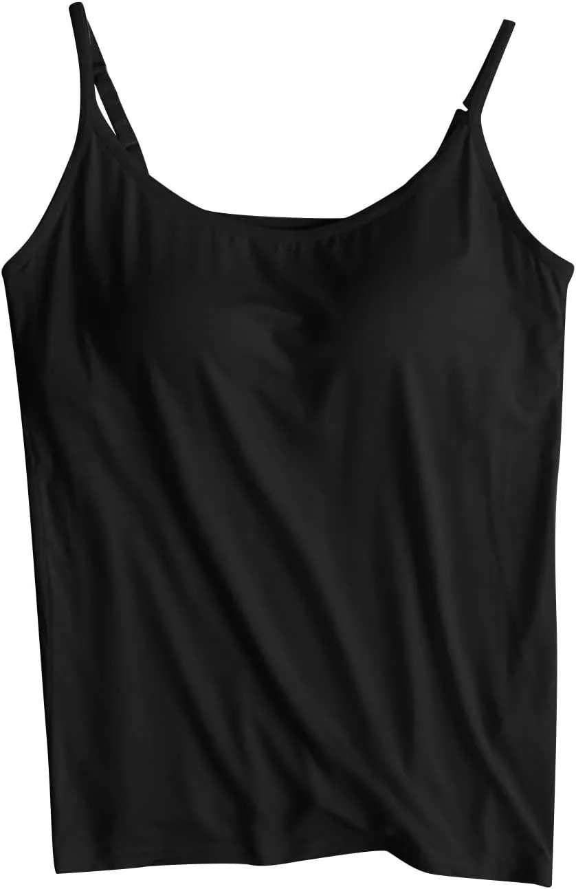 Women's Spaghetti Strap Tank Top with Built in Bra 2024 Summer Basic Solid Tank Tops Plus Size Comfort Yoga Camisole