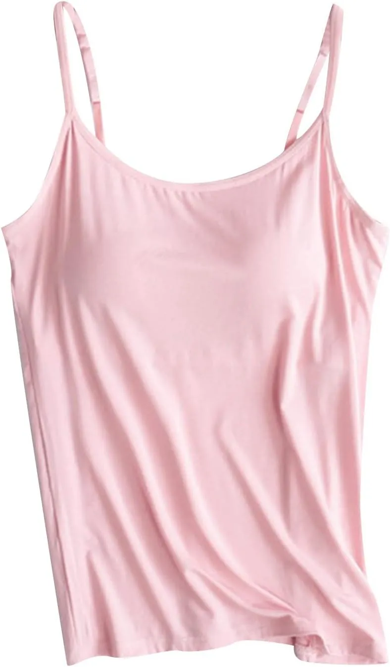 Women's Spaghetti Strap Tank Top with Built in Bra 2024 Summer Basic Solid Tank Tops Plus Size Comfort Yoga Camisole