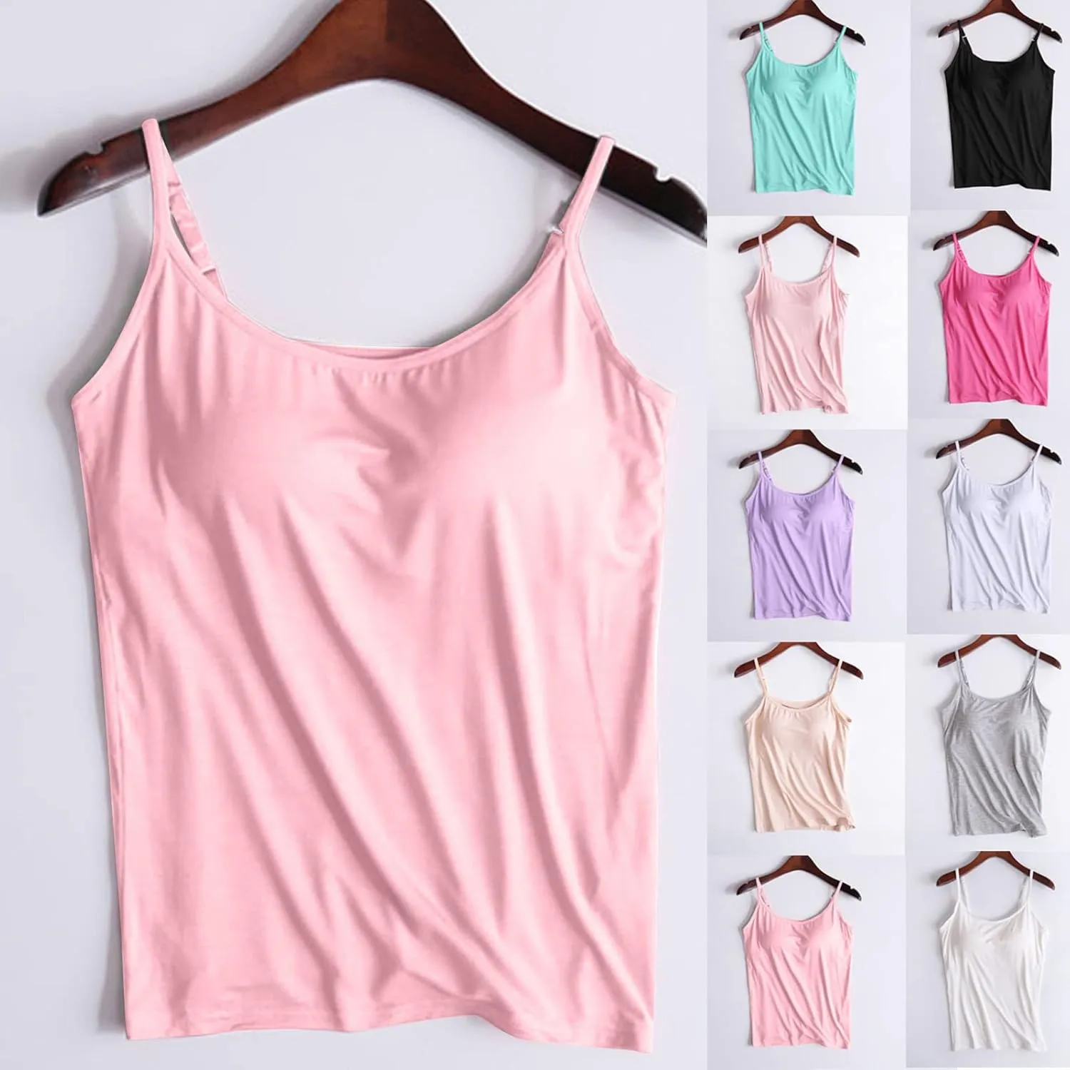 Women's Spaghetti Strap Tank Top with Built in Bra 2024 Summer Basic Solid Tank Tops Plus Size Comfort Yoga Camisole