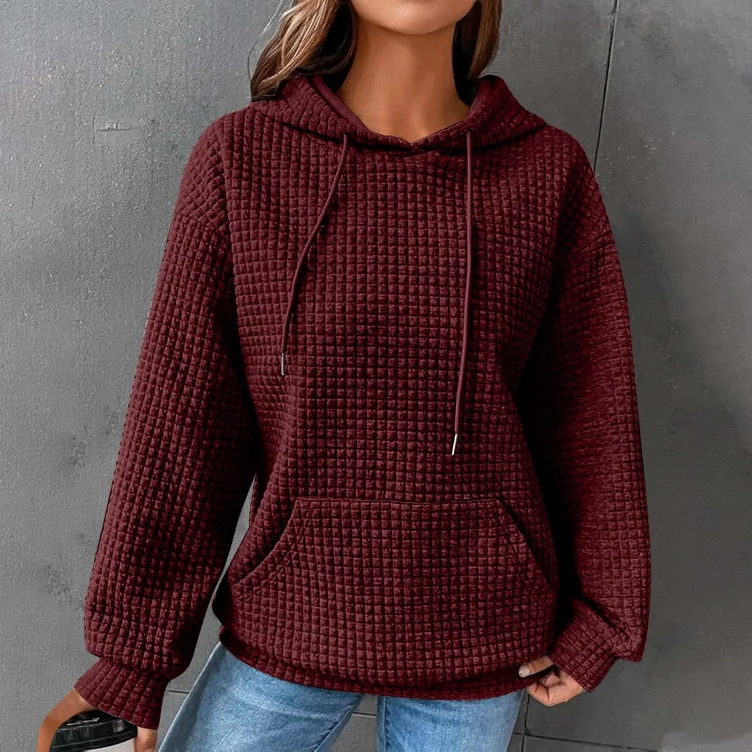 Women's Sweatshirt Casual Waffle Hoodies Drawstring Hooded Tops with Pockets Comfort Long Sleeve Pullover Hoodies