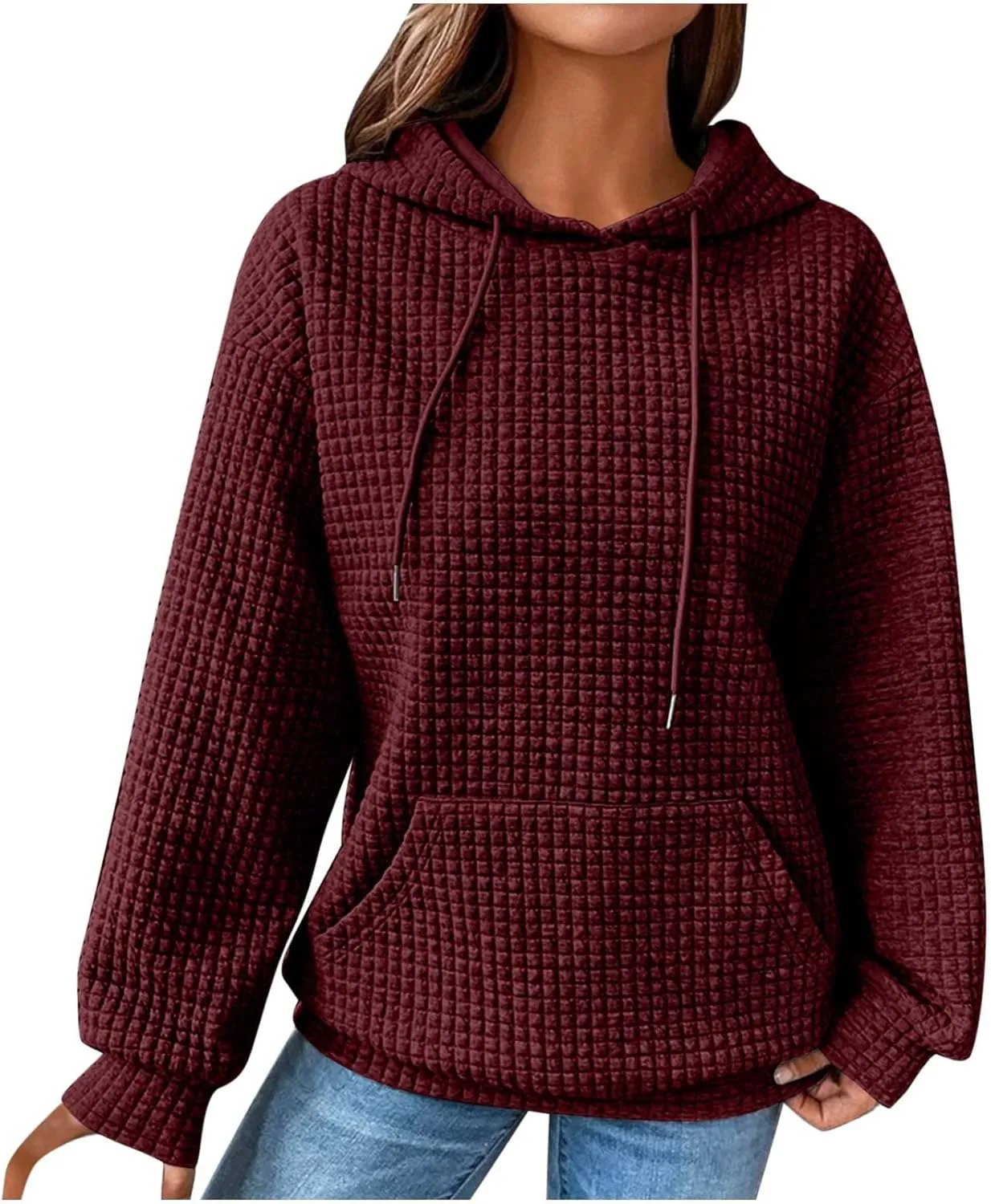Women's Sweatshirt Casual Waffle Hoodies Drawstring Hooded Tops with Pockets Comfort Long Sleeve Pullover Hoodies