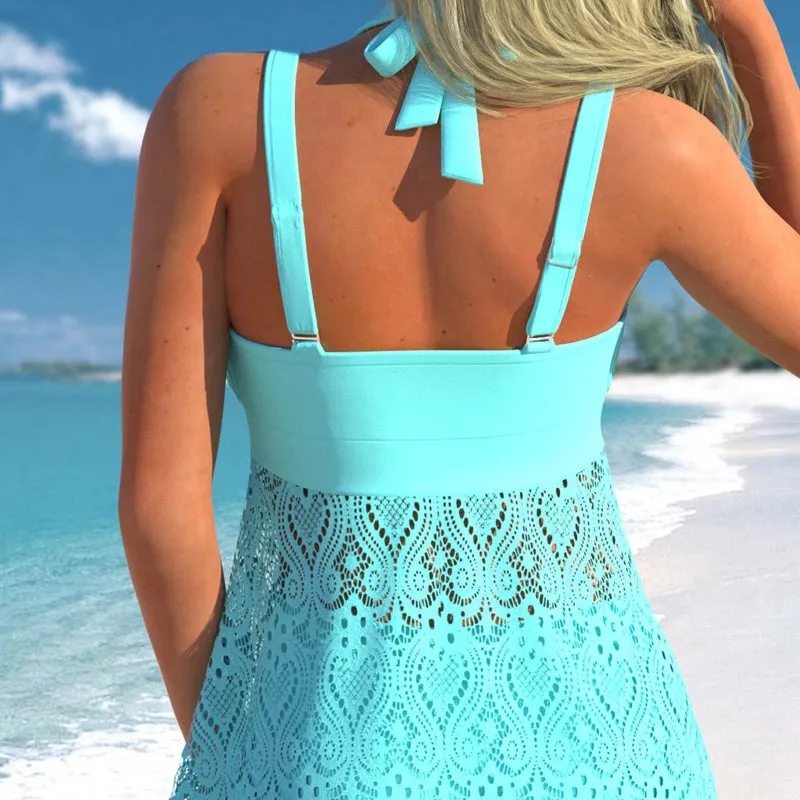 Women's V-Neck Lace Swimdress  Boyshorts Two-Piece Set