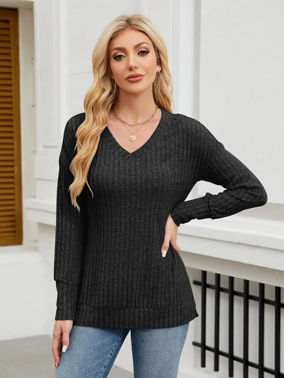 Womens V Neck Sweaters Lightweight Long Sleeve Tunic Tops Shirts Casual Sweatshirt Trendy