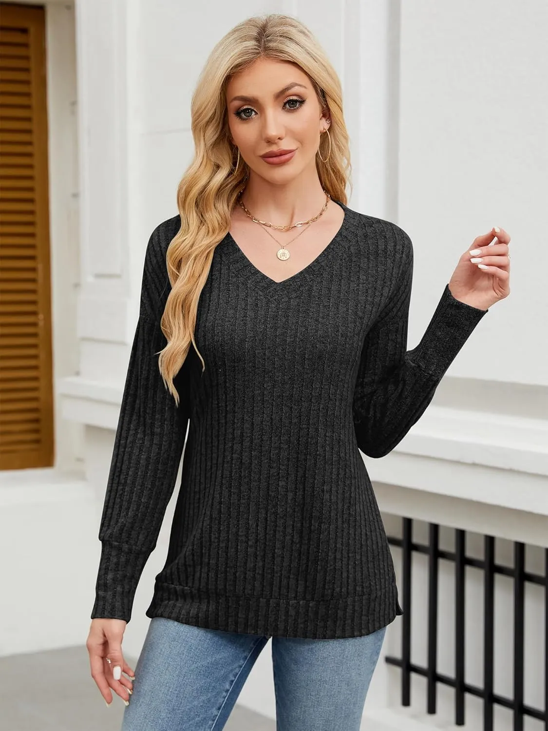 Womens V Neck Sweaters Lightweight Long Sleeve Tunic Tops Shirts Casual Sweatshirt Trendy