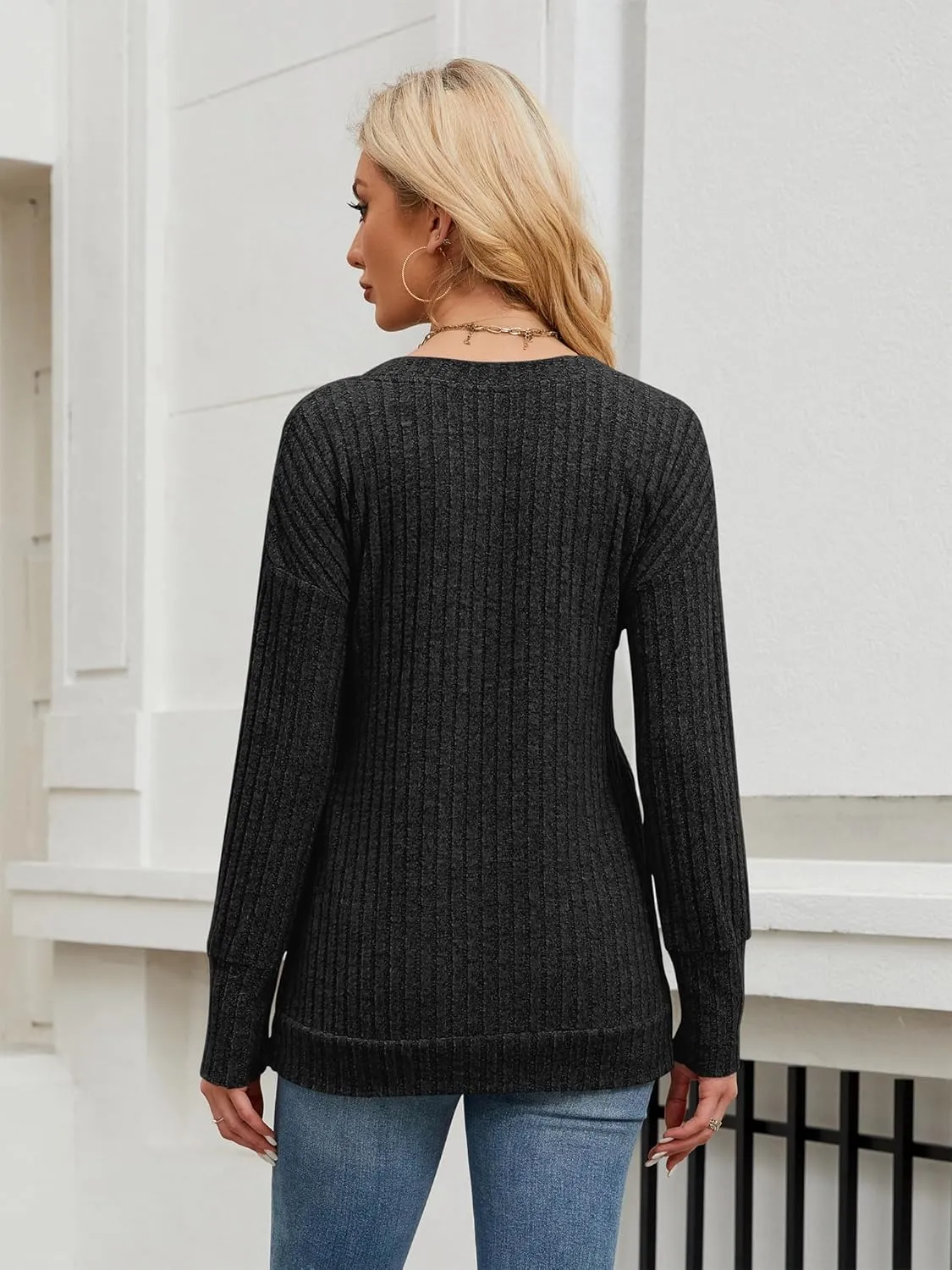 Womens V Neck Sweaters Lightweight Long Sleeve Tunic Tops Shirts Casual Sweatshirt Trendy