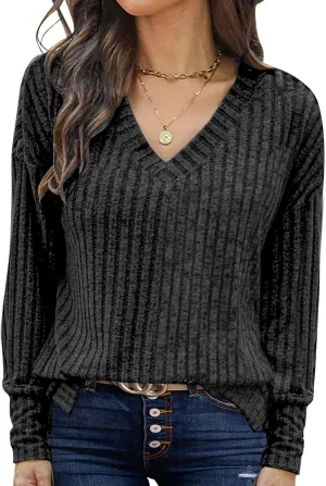 Womens V Neck Sweaters Lightweight Long Sleeve Tunic Tops Shirts Casual Sweatshirt Trendy
