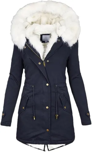 Women's Warm Thick Hooded Overcoat Fur Collar Padded Pocket Cotton Outerwear