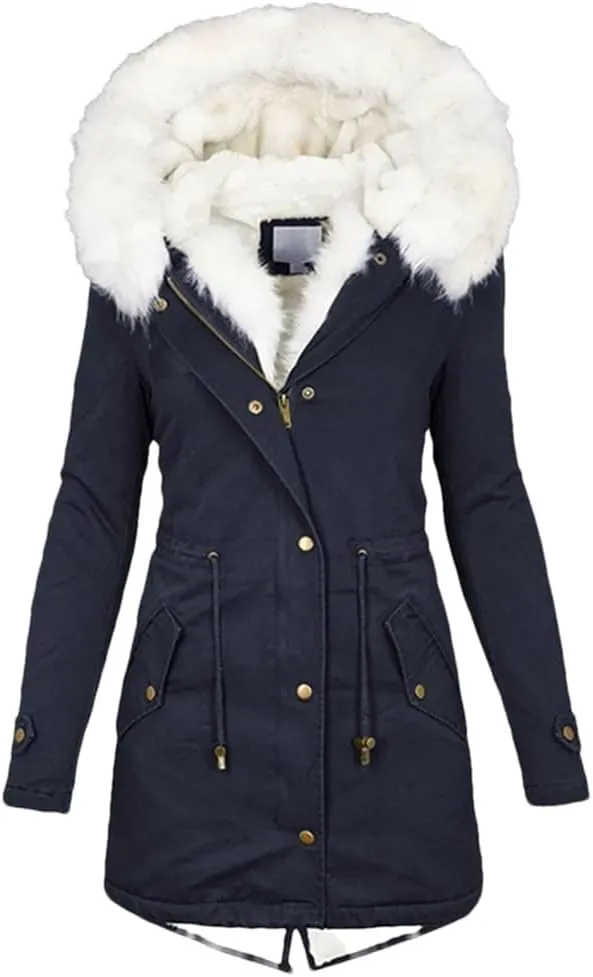Women's Warm Thick Hooded Overcoat Fur Collar Padded Pocket Cotton Outerwear