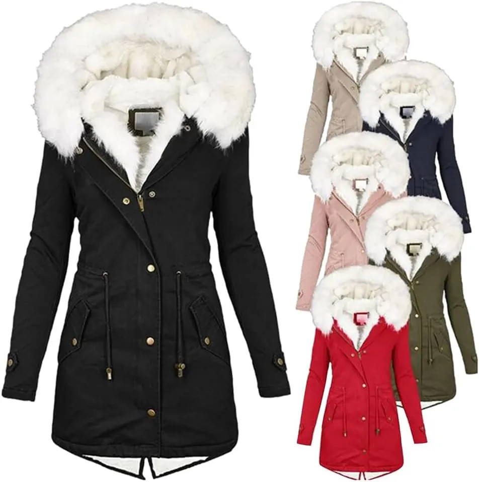 Women's Warm Thick Hooded Overcoat Fur Collar Padded Pocket Cotton Outerwear