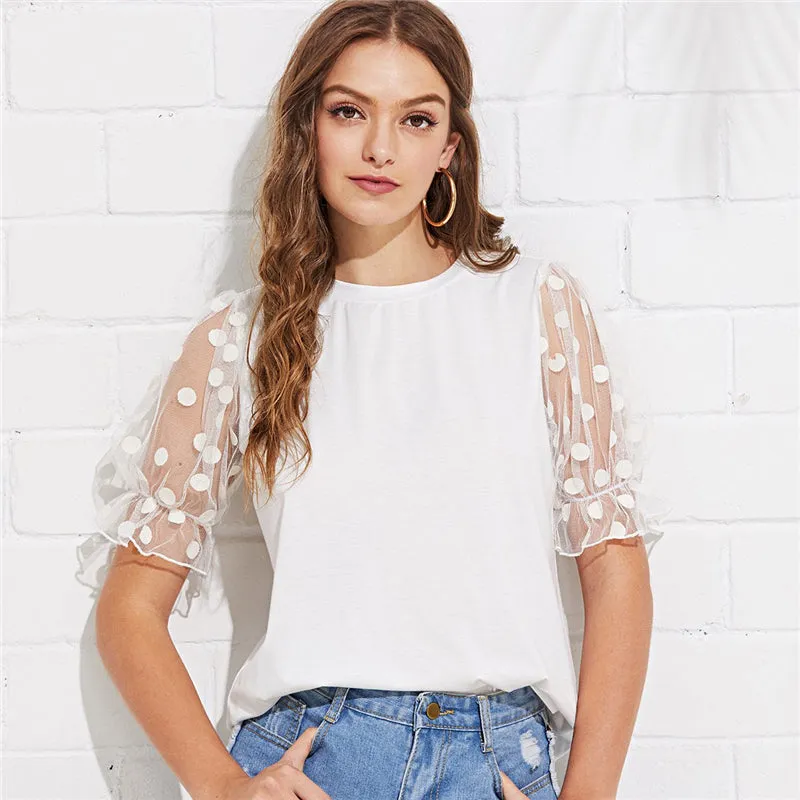 Women's White Minimalist Workwear Polka Dot Mesh Flounce Sleeve Ruffle Cuff O-Neck Top