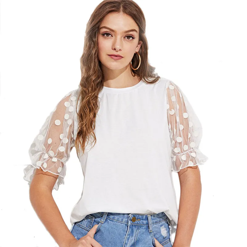 Women's White Minimalist Workwear Polka Dot Mesh Flounce Sleeve Ruffle Cuff O-Neck Top