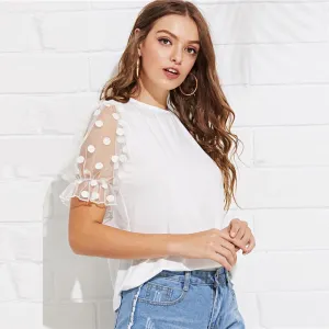 Women's White Minimalist Workwear Polka Dot Mesh Flounce Sleeve Ruffle Cuff O-Neck Top