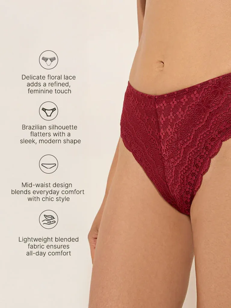 Wunderlove Maroon Lace Design Brazilian Brief