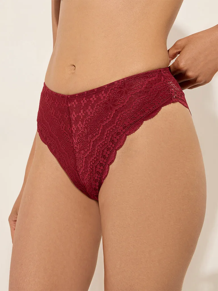 Wunderlove Maroon Lace Design Brazilian Brief