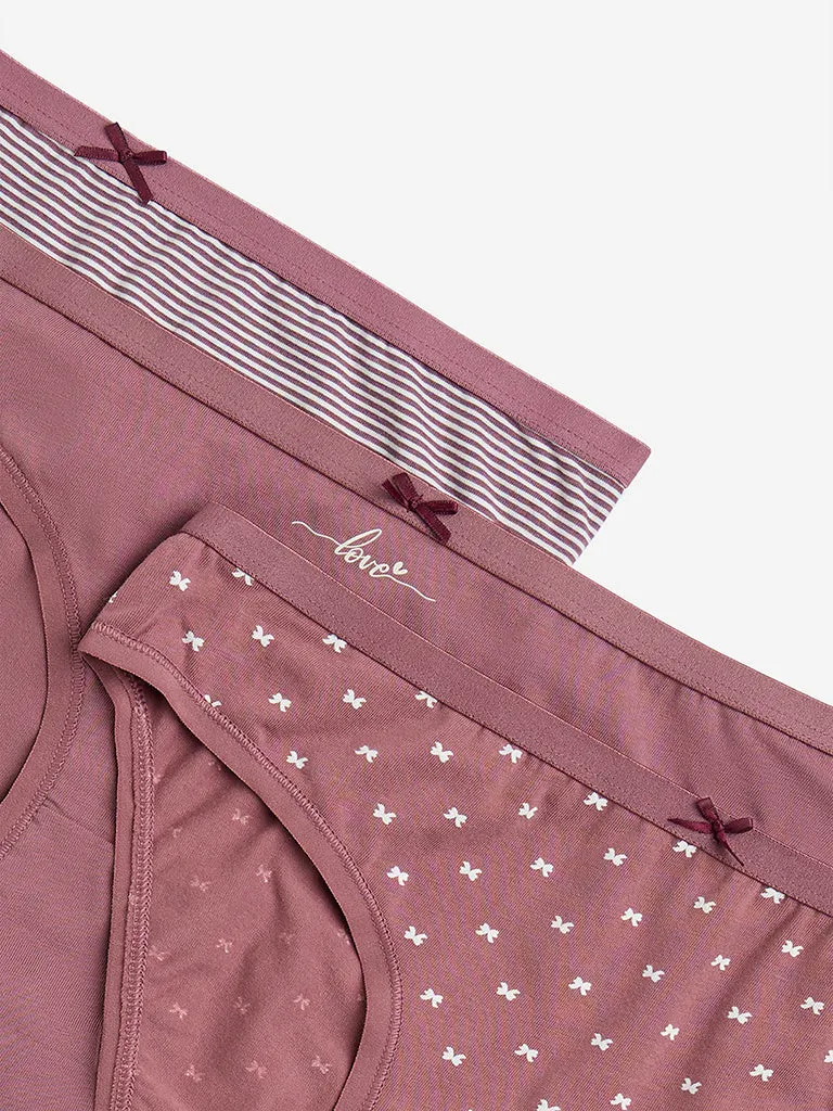 Wunderlove Mauve Cotton-Blend Bikini Briefs - Pack of 3