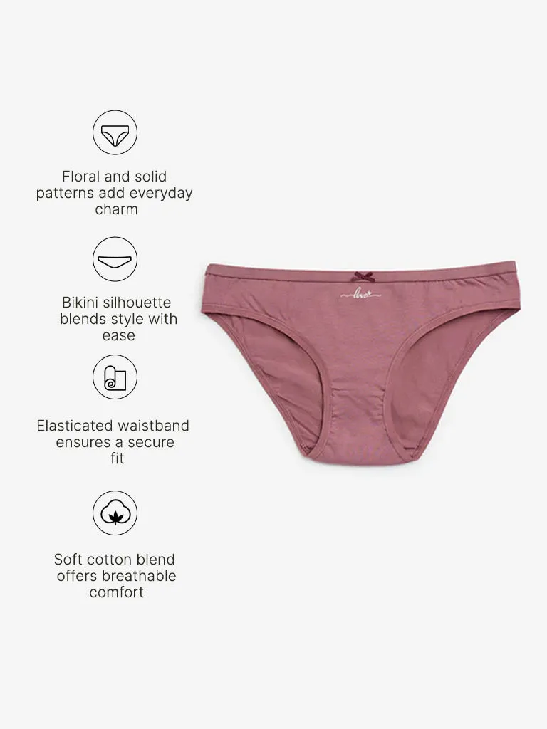 Wunderlove Mauve Cotton-Blend Bikini Briefs - Pack of 3