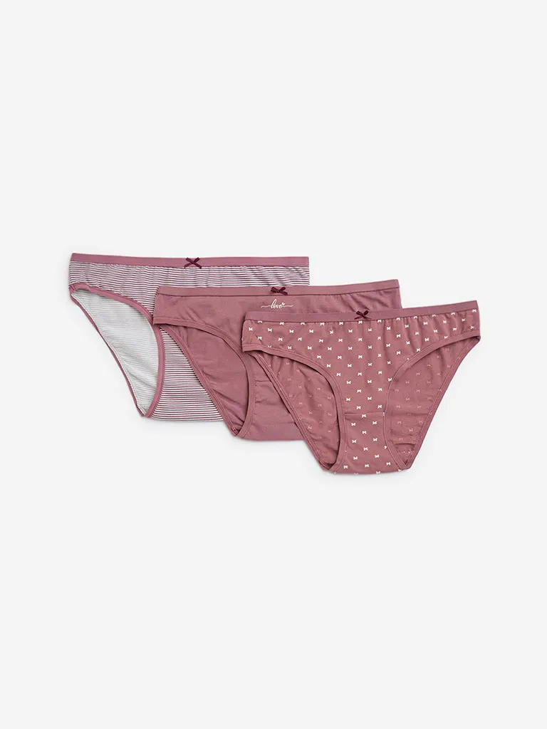 Wunderlove Mauve Cotton-Blend Bikini Briefs - Pack of 3