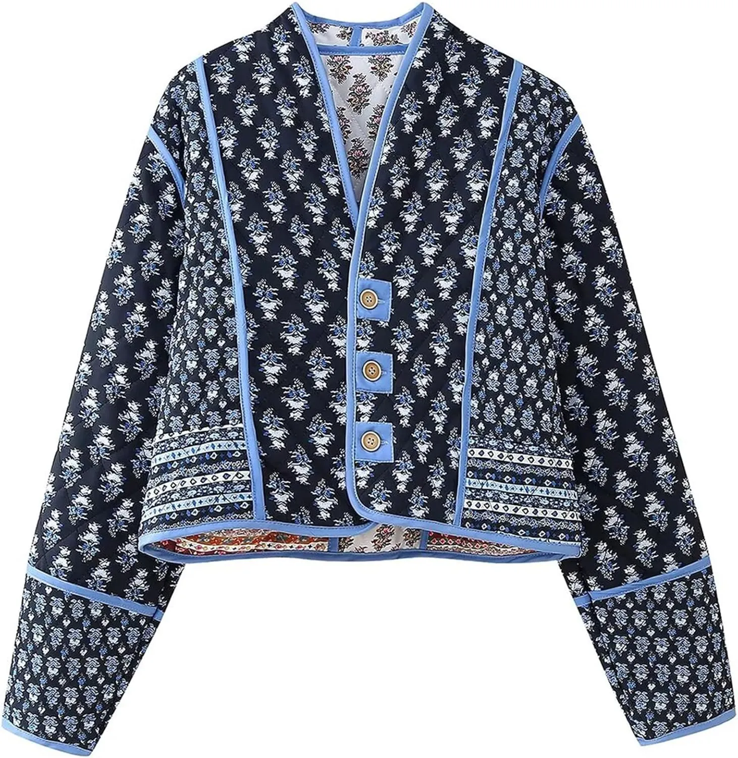 Wyeysyt Women's Cropped Quilted Puffer Jacket Cardigan Floral Printed Button Up Long Sleeve Padded Quilted Short Puffer Coats