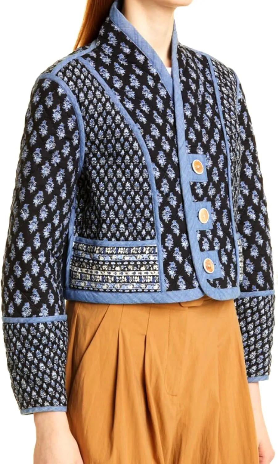 Wyeysyt Women's Cropped Quilted Puffer Jacket Cardigan Floral Printed Button Up Long Sleeve Padded Quilted Short Puffer Coats