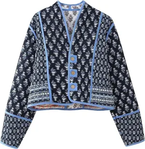 Wyeysyt Women's Cropped Quilted Puffer Jacket Cardigan Floral Printed Button Up Long Sleeve Padded Quilted Short Puffer Coats