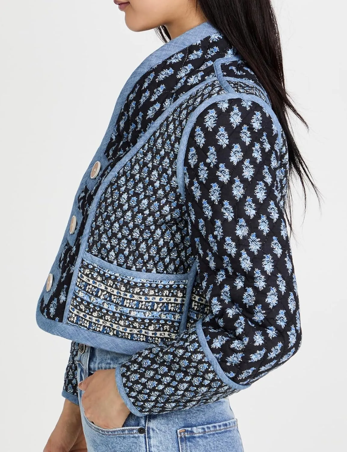 Wyeysyt Women's Cropped Quilted Puffer Jacket Cardigan Floral Printed Button Up Long Sleeve Padded Quilted Short Puffer Coats