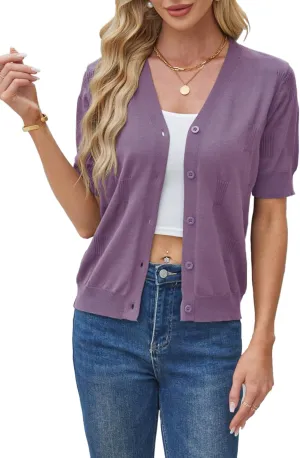 Yekaty Short Sleeve Cardigans for Women Lightweight Summer Sweaters Cropped V Neck Button Bolero Sweater