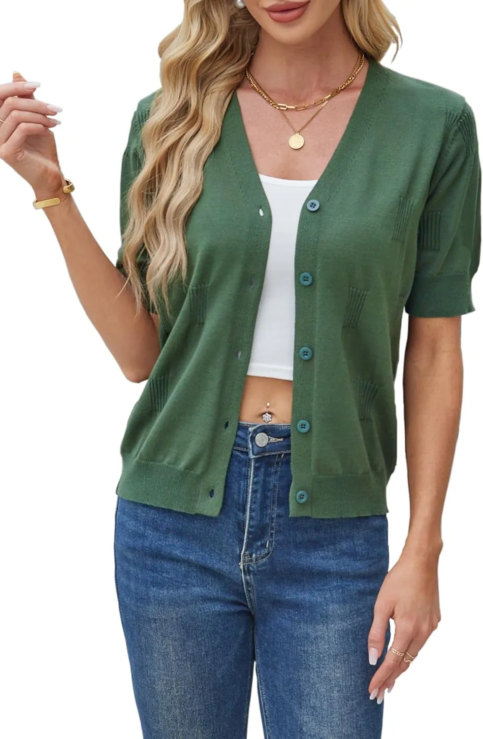 Yekaty Short Sleeve Cardigans for Women Lightweight Summer Sweaters Cropped V Neck Button Bolero Sweater