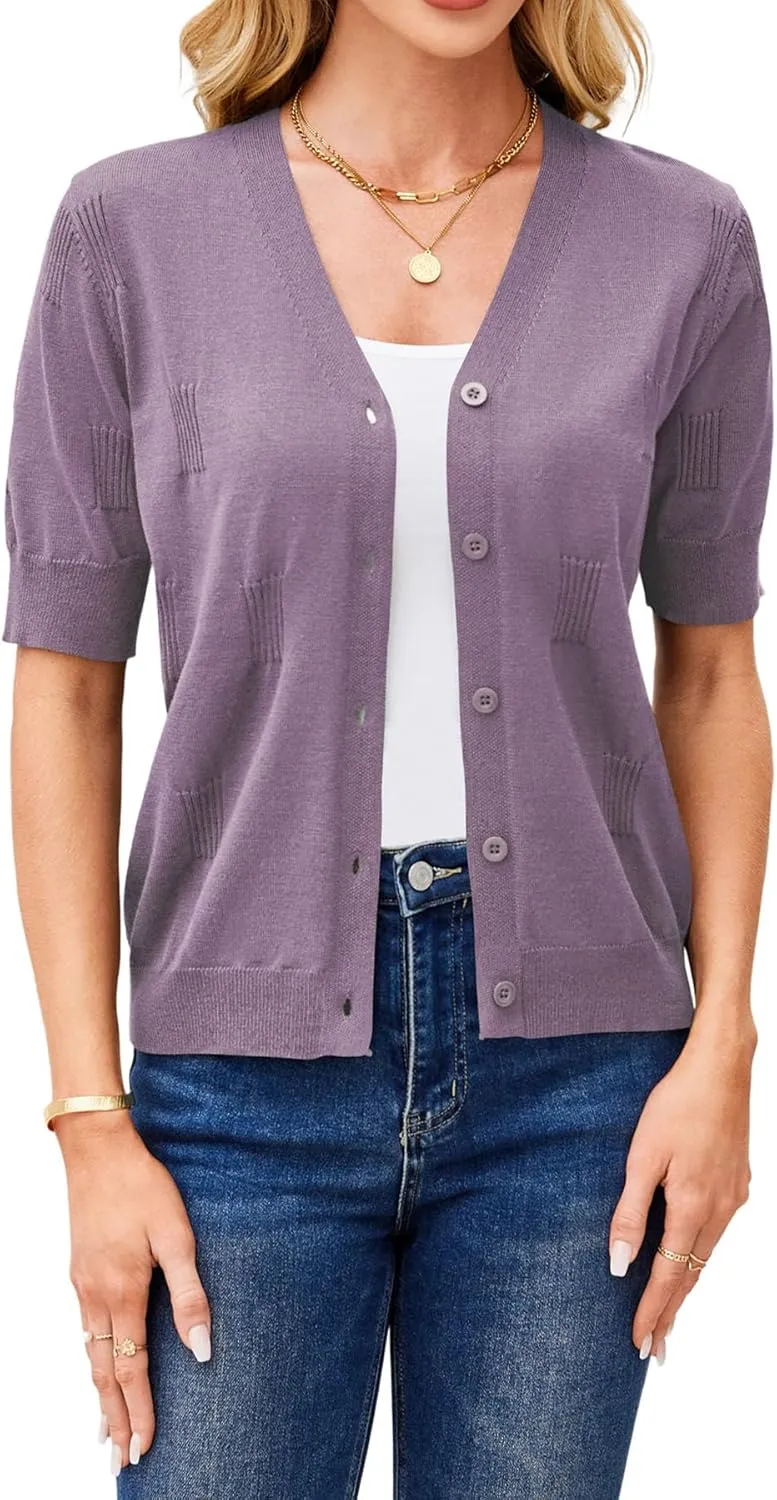 Yekaty Short Sleeve Cardigans for Women Lightweight Summer Sweaters Cropped V Neck Button Bolero Sweater