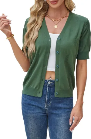 Yekaty Short Sleeve Cardigans for Women Lightweight Summer Sweaters Cropped V Neck Button Bolero Sweater