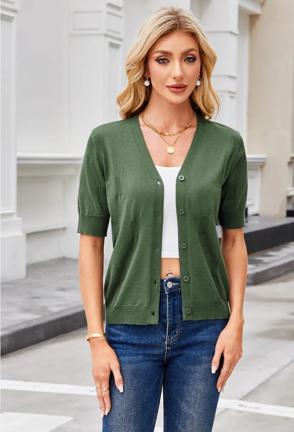 Yekaty Short Sleeve Cardigans for Women Lightweight Summer Sweaters Cropped V Neck Button Bolero Sweater