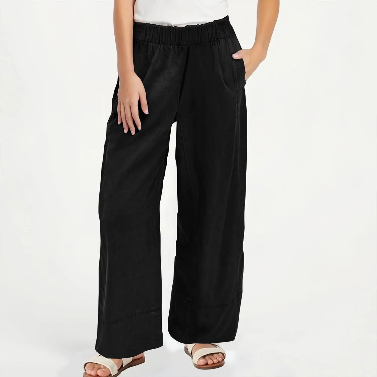 YRAETENM Women Cotton Linen Pants Casual Wide Leg Elastic Waisted Lounge Beach Trousers Travel Vacation Outfits with Pockets