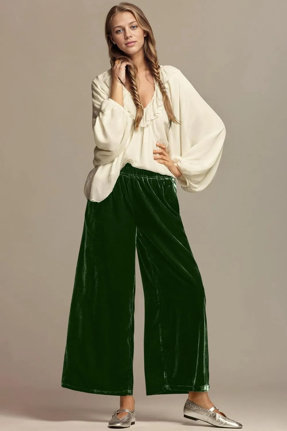 Ythomm Womens Velvet Wide Leg Lounge Pants High Rise Smocked Waistband Elastic Palazzo Pants Casual Loose Fitted Y2k Trousers