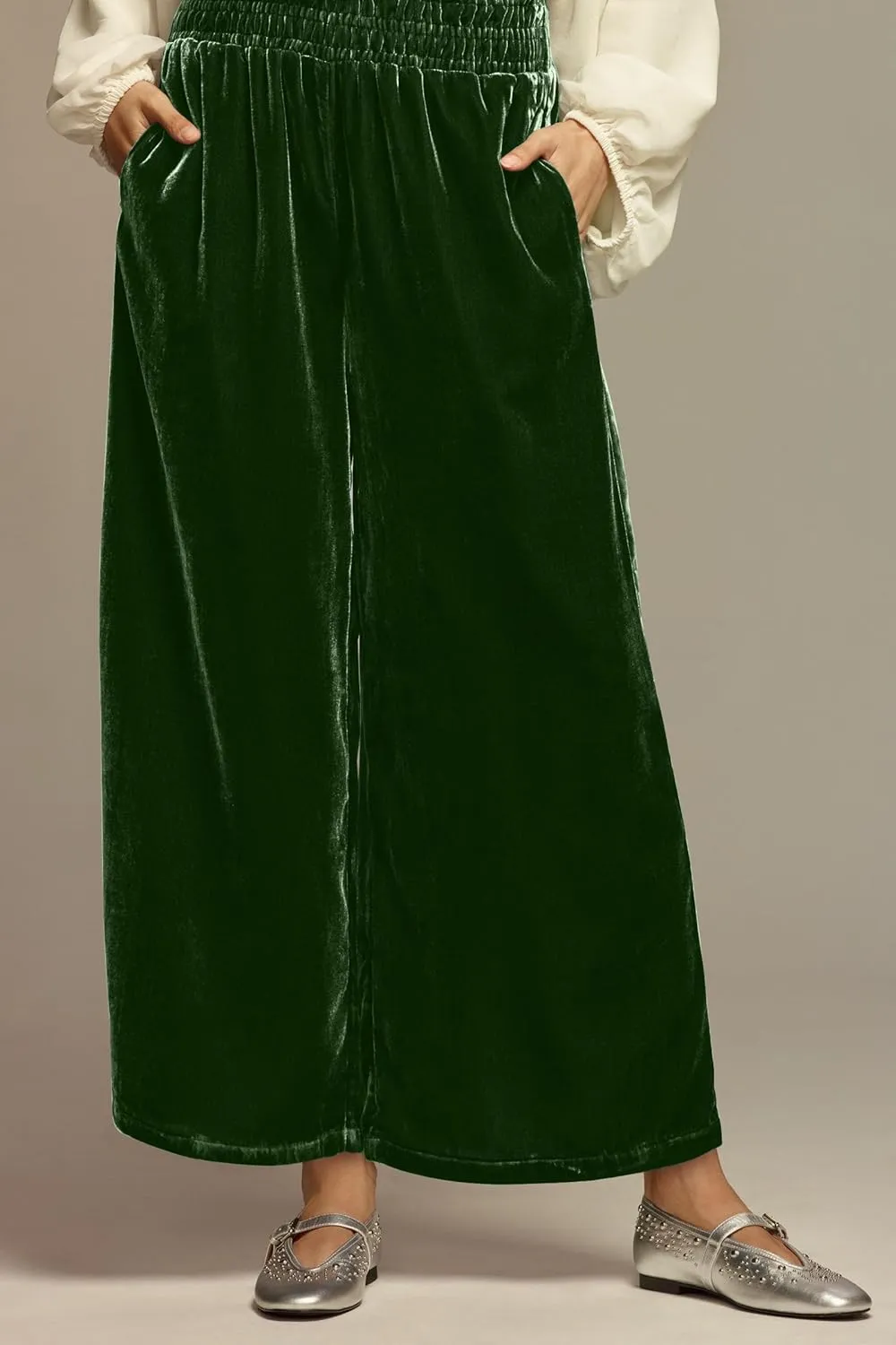 Ythomm Womens Velvet Wide Leg Lounge Pants High Rise Smocked Waistband Elastic Palazzo Pants Casual Loose Fitted Y2k Trousers