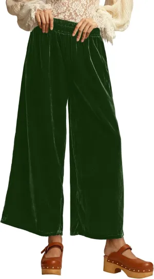 Ythomm Womens Velvet Wide Leg Lounge Pants High Rise Smocked Waistband Elastic Palazzo Pants Casual Loose Fitted Y2k Trousers