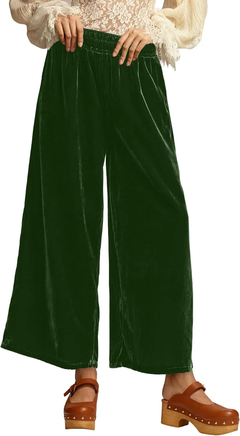 Ythomm Womens Velvet Wide Leg Lounge Pants High Rise Smocked Waistband Elastic Palazzo Pants Casual Loose Fitted Y2k Trousers