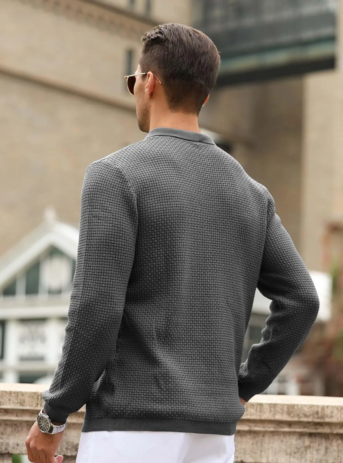 Zaitun Mens Knit Polo Sweater Long Sleeve Lightweight Collared Pullover Casual Sweaters Khaki