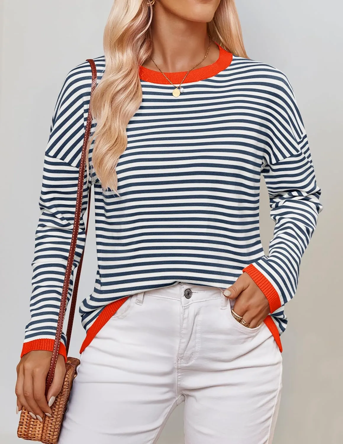 ZESICA Womens Spring Striped Sweaters Long Sleeve Crew Neck Shirts Color Block Lightweight Pullover Tops