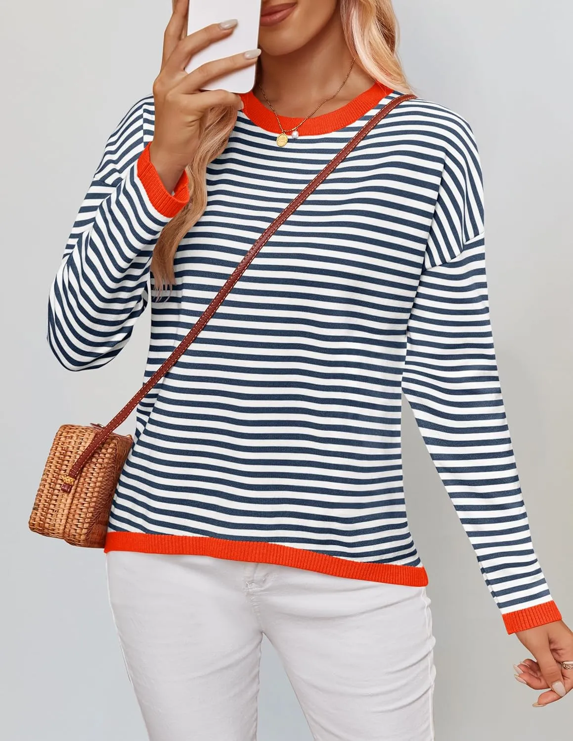 ZESICA Womens Spring Striped Sweaters Long Sleeve Crew Neck Shirts Color Block Lightweight Pullover Tops