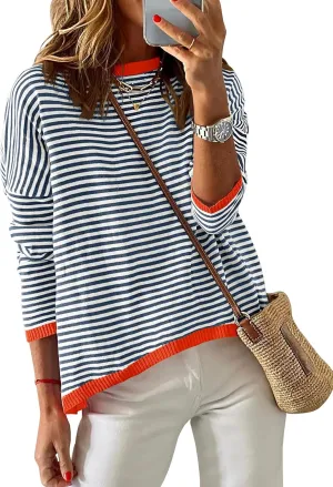 ZESICA Womens Spring Striped Sweaters Long Sleeve Crew Neck Shirts Color Block Lightweight Pullover Tops