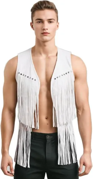 ZUYPSK Men's Open Front Tassels Vest Sleeveless Western Cowboy Waistcoat Halloween Club Party Jacket Outerwear