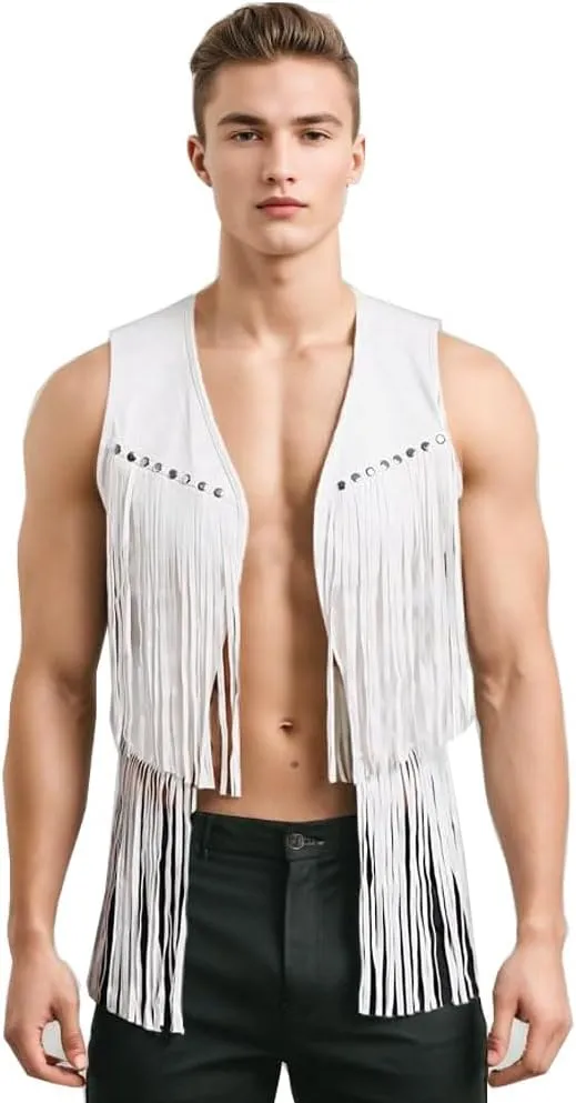 ZUYPSK Men's Open Front Tassels Vest Sleeveless Western Cowboy Waistcoat Halloween Club Party Jacket Outerwear