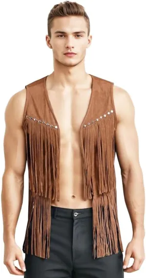 ZUYPSK Men's Open Front Tassels Vest Sleeveless Western Cowboy Waistcoat Halloween Club Party Jacket Outerwear